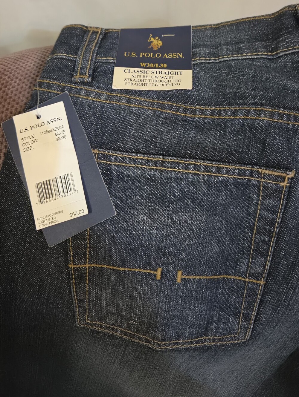 U.S. Polo Assn. Men’s Straight Dark Blue Jeans with Contrast Stitching